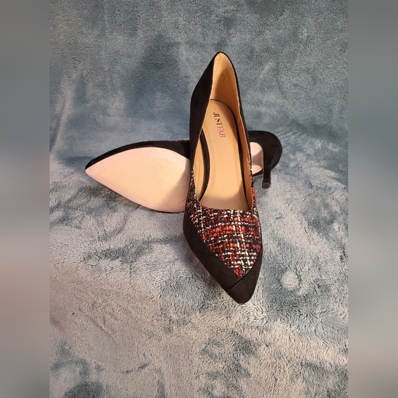 👠🖤🔥NEW Just Fab Suede Woven Black Red & White High Heels Sz 9 - Picture 8 of 14